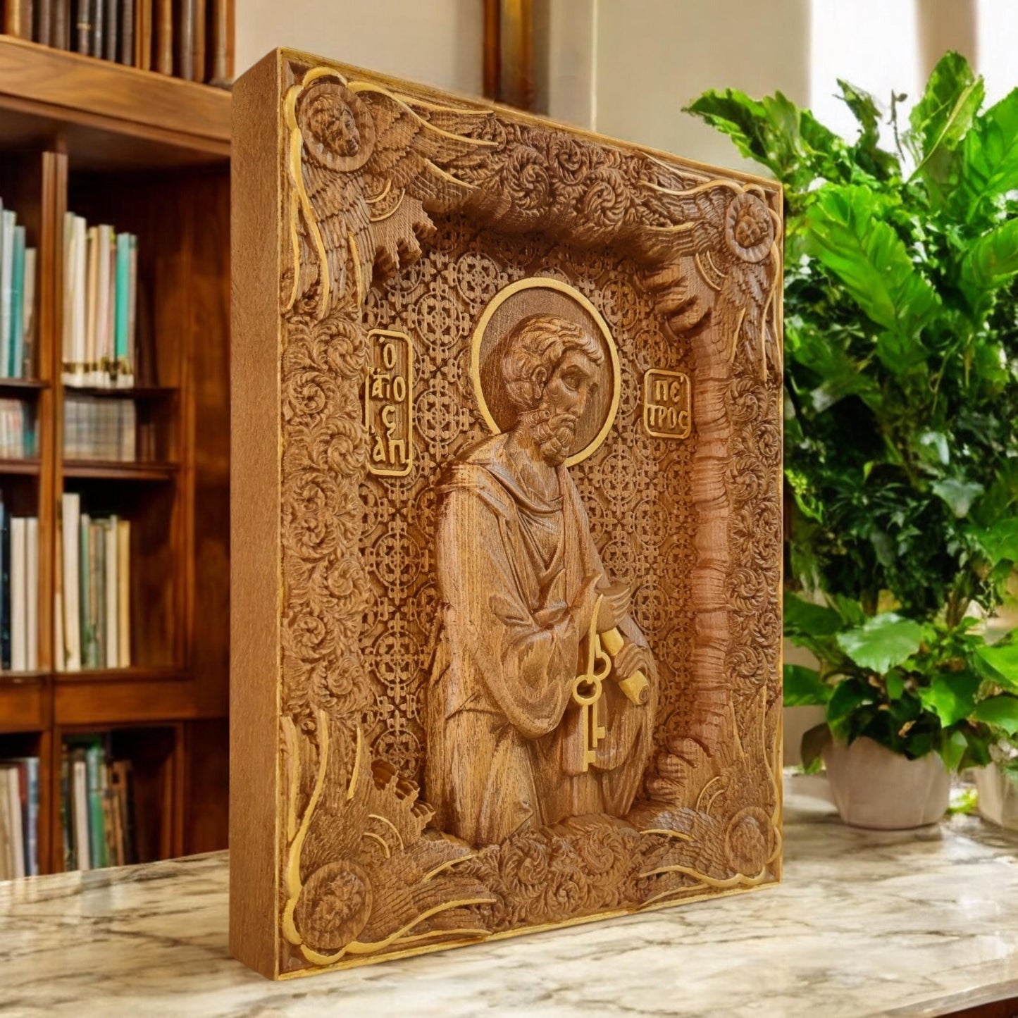 Saint Peter the Apostle Wooden Carved Handmade Christian Icon. Byzantine Greek Orthodox Home Art Decor.