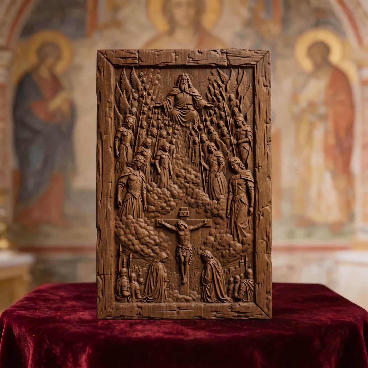 The Crucifixion Wooden Carved Handmade Christian Icon  Byzantine Greek Orthodox Home Decor Cretan Holy Carvings