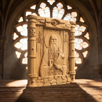 Saint Eumenios Saridakis Wooden Carved Handmade Christian Icon Left Side Natural Wood Color Cretan Holy Carvings