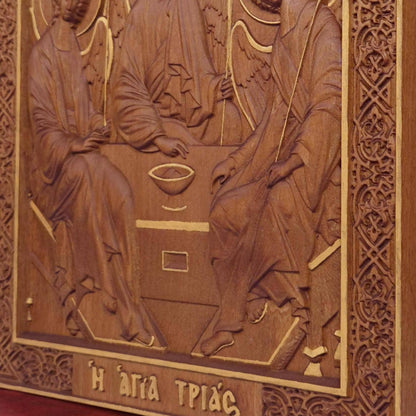 Деревянная резная христианская икона ручной работы "Святая Троица". Декор для дома в византийском греческом православном стиле.