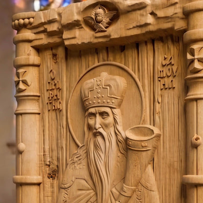 Prophet Samuel Wooden Carved Handmade Christian Icon Right Side Natural Wood Color Cretan Holy Carvings