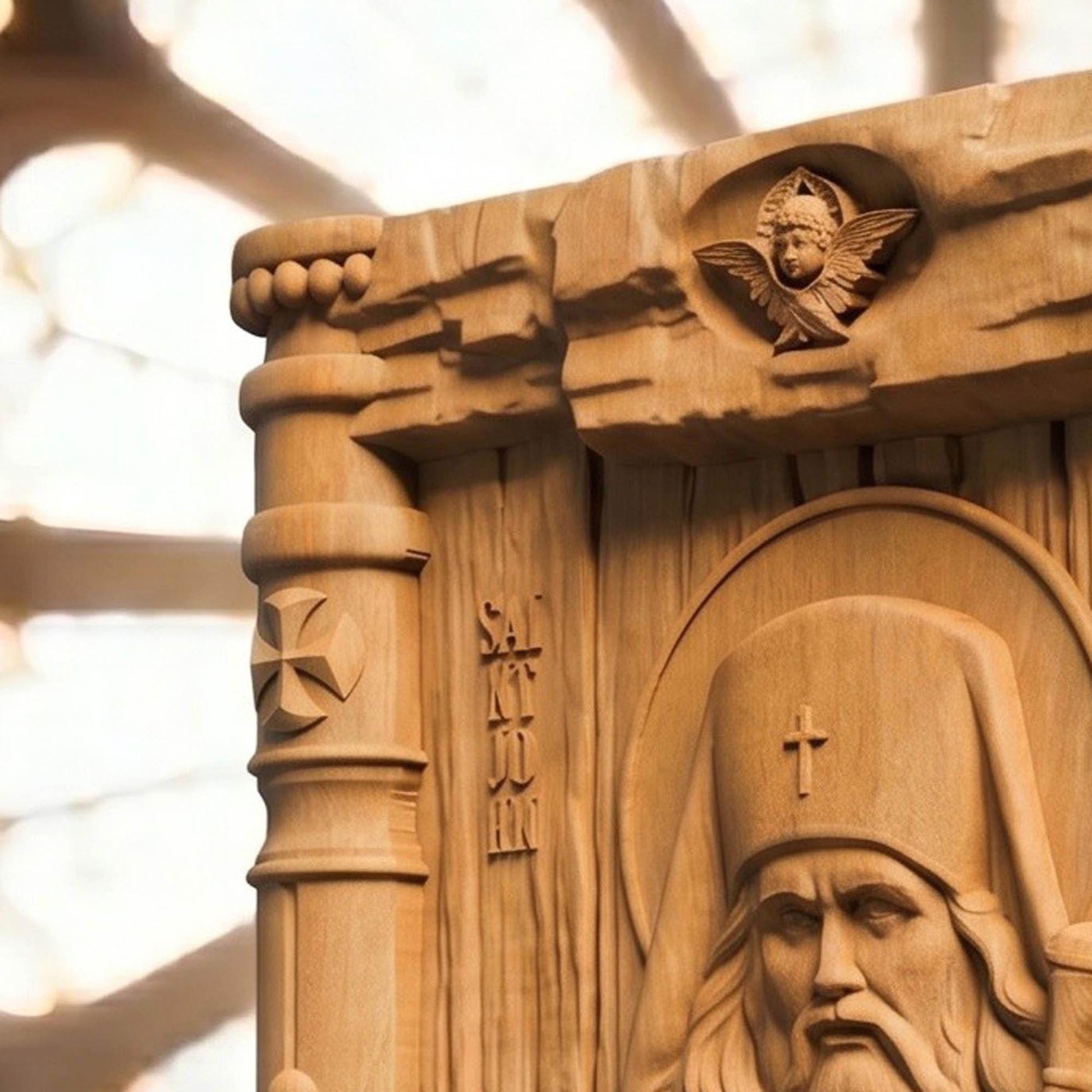 Saint John Maximovitch Wooden Carved Handmade Christian Icon Patron Saint of Orphans Right Side Natural Wood Color Cretan Holy Carvings
