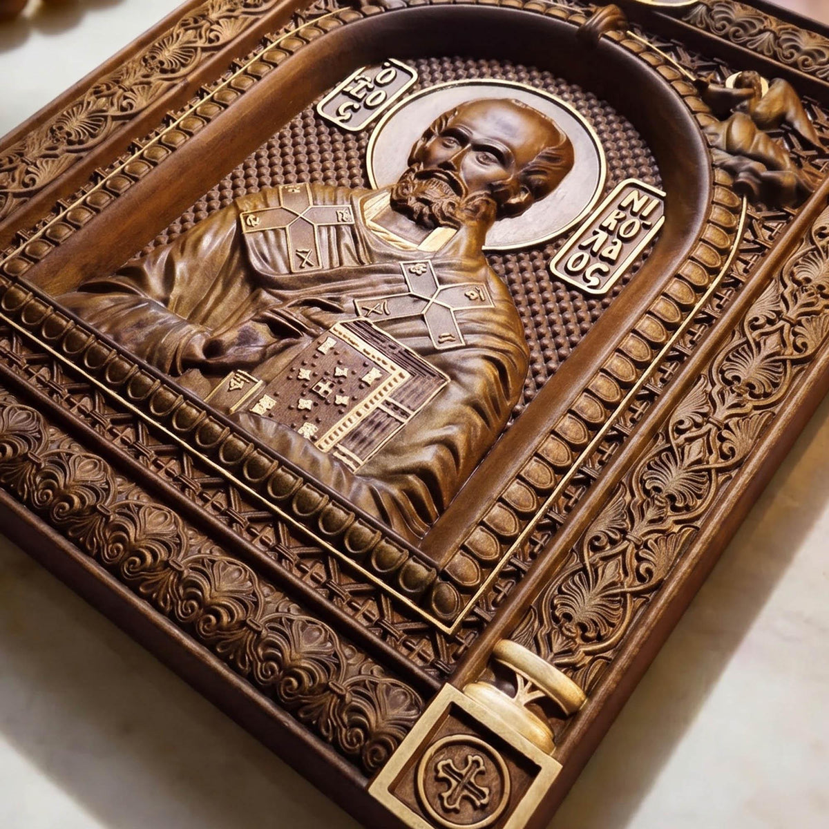 Saint Nicholas Wooden Carved Handmade Christian Icon Patron Saint of Sailors Flat Side Golden Dark Cretan Holy Carvings