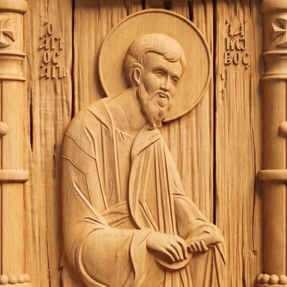 Saint Jacob the Apostle Wooden Carved Handmade Christian Icon Patron Saint of Spain Front Side Natural Wood Color Cretan Holy Carvings