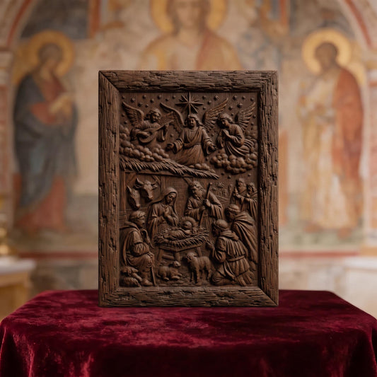 The Birth of Jesus Christ and the Shepherds Wooden Carved Handmade Christian Icon  Byzantine Greek Orthodox Home Decor Cretan Holy Carvings