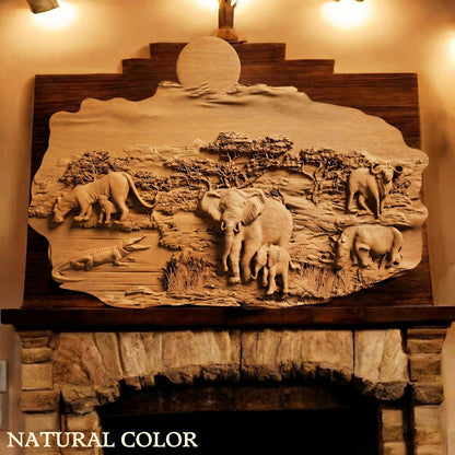 African Nature Scene Wooden Bas Relief | Wood Panel Art | Sculptural Gift Idea