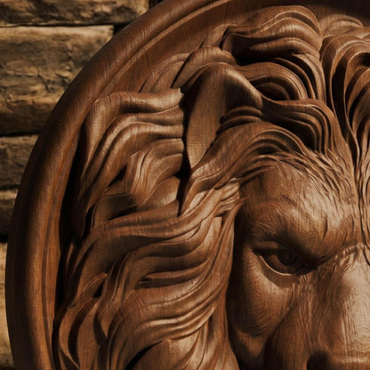 Lion Head in Plate Framed Bas Relief | Wooden Lion Carving | Sculptural Gift Idea