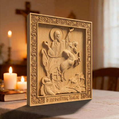 Prophet Elijah Wooden Carved Handmade Christian Icon Patron Saint of Bosnia and Herzegovina  Left Side Natural Wood Color Cretan Holy Carvings
