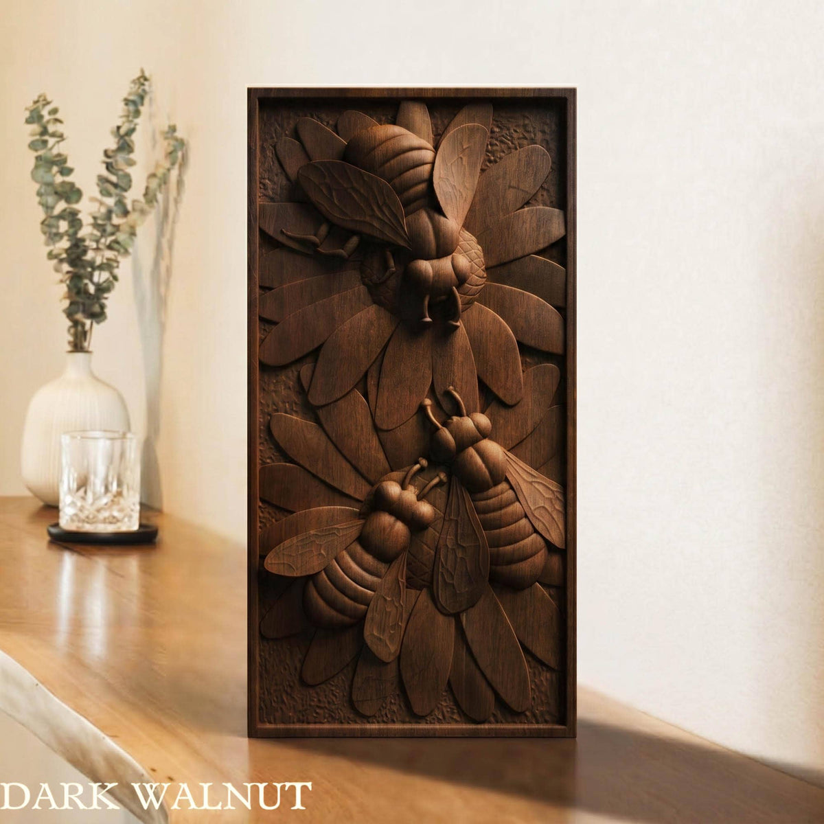 Bees Panel Framed Bas Relief | Wooden Bees Carving | Sculptural Gift Idea