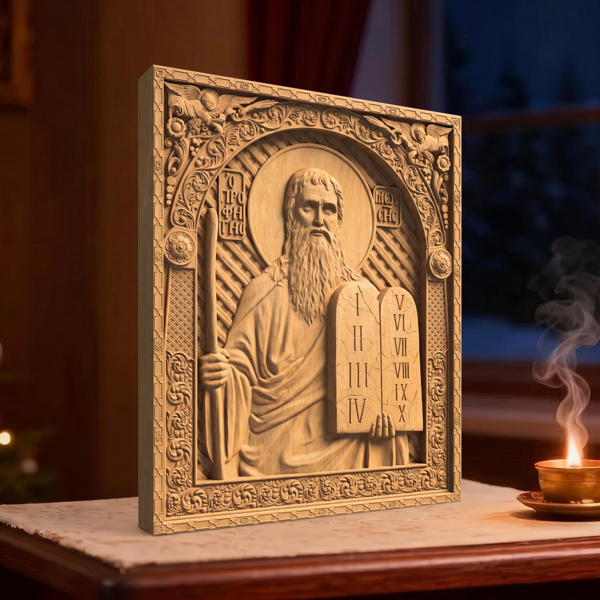 Prophet Moses Wooden Carved Handmade Christian Icon | Byzantine Greek Orthodox Home Art Decor