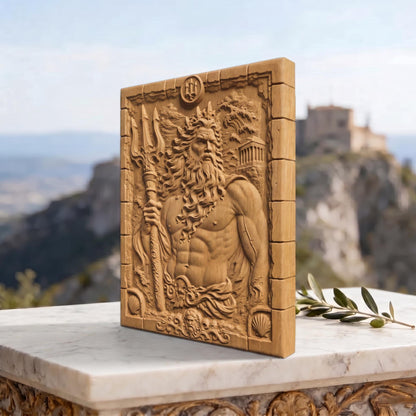 Poseidon God of Olympus from Ancient Greek Mythology 3D Wooden Bas Relief Panel Art Sculptural Gift Idea Cretan Holy Carvings