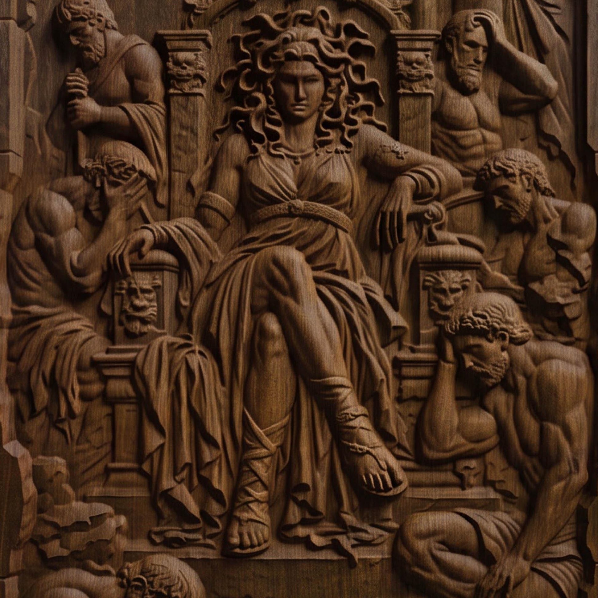 Medusa from Ancient Greek Mythology 3D Wooden Bas Relief Panel Art Sculptural Gift Idea Cretan Holy Carvings