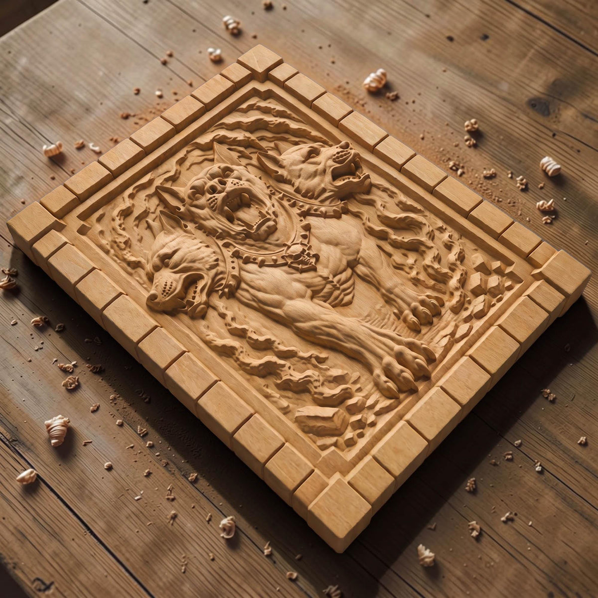 Cerberus the Three Headed Dog Ancient Greek Mythology Monster 3D Wooden Bas Relief Panel Art Sculptural Gift Idea Cretan Holy Carvings