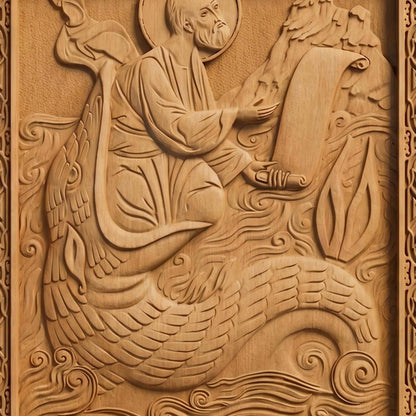 Prophet Jonah Wooden Carved Handmade Christian Icon. Byzantine Greek Orthodox Home Decor.