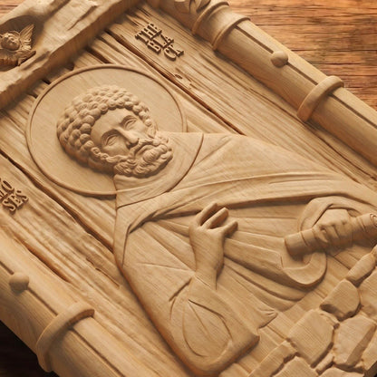 Saint Moses the Black Wooden Carved Handmade Christian Icon Patron Saint of Africa and non-violence Flat Side Natural Wood Color Cretan Holy Carvings