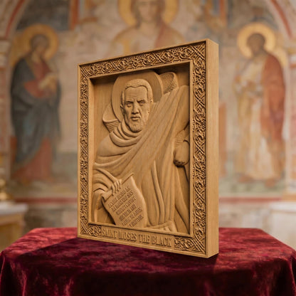 Saint Moses the Black Wooden Carved Handmade Christian Icon Patron Saint of Africa and non-violence Right Side Natural Wood Color Cretan Holy Carvings