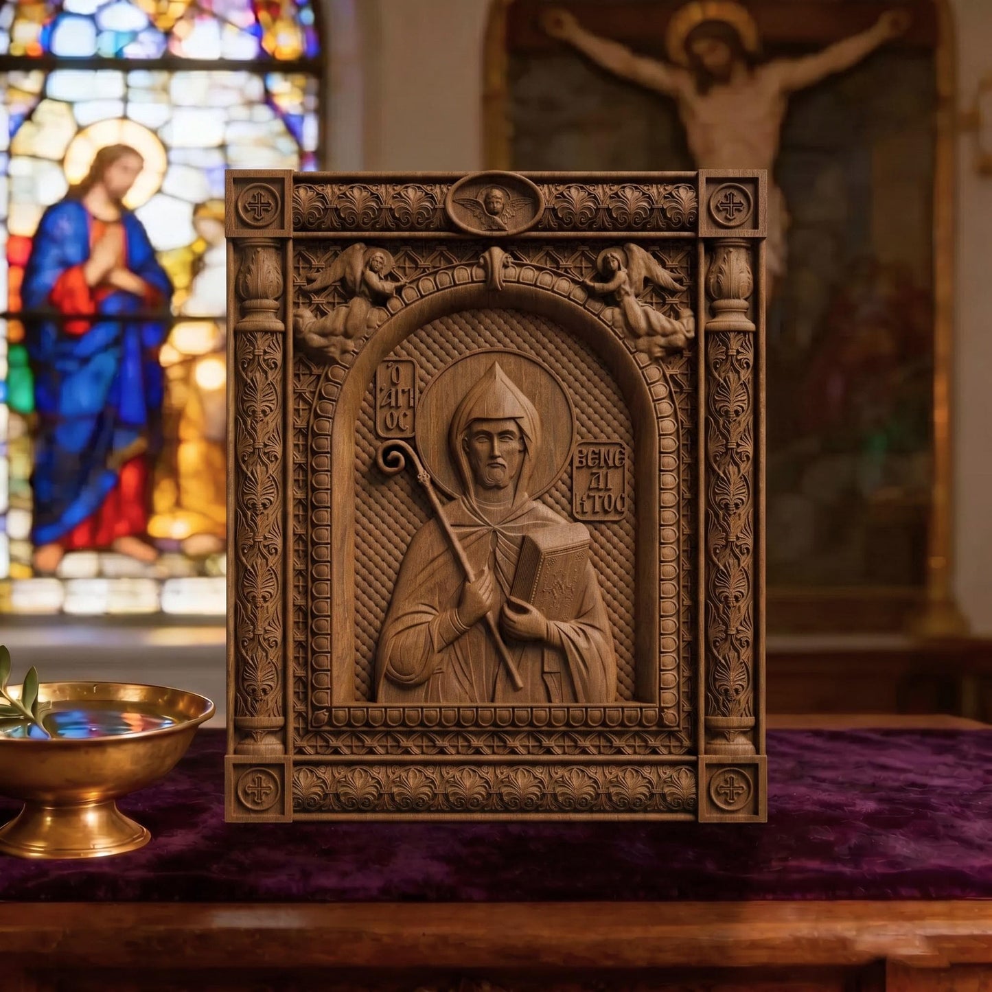 Saint Benedict Patron Saint of Europe Wooden Carved Handmade Christian Icon | Byzantine Greek Orthodox Home Art Decor