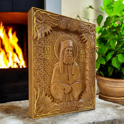 Saint Paisios of Mount Athos Wooden Carved Handmade Christian Icon. Byzantine Greek Home Decor.