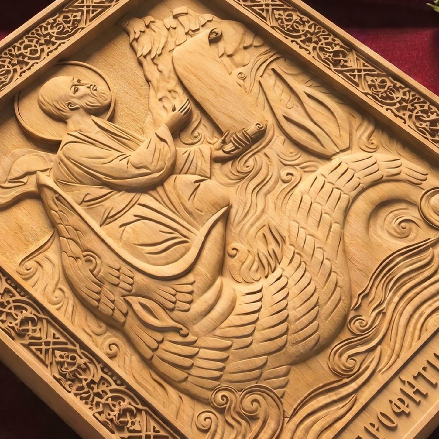 Prophet Jonah Wooden Carved Handmade Christian Icon. Byzantine Greek Orthodox Home Decor.