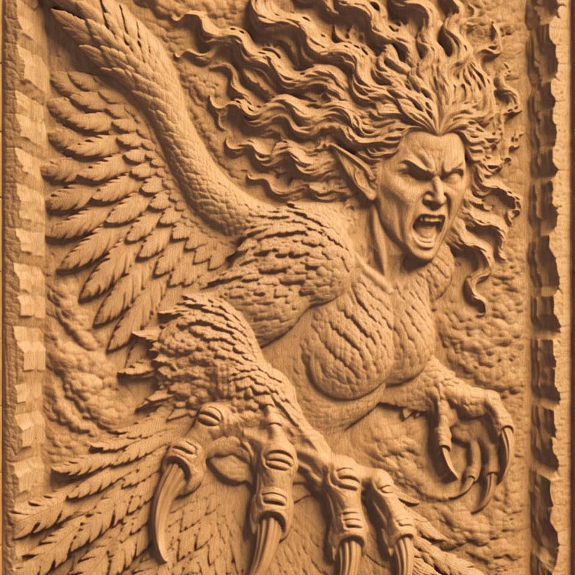 Harpy from Ancient Greek Mythology 3D Wooden Bas Relief Panel Art Sculptural Gift Idea Cretan Holy Carvings