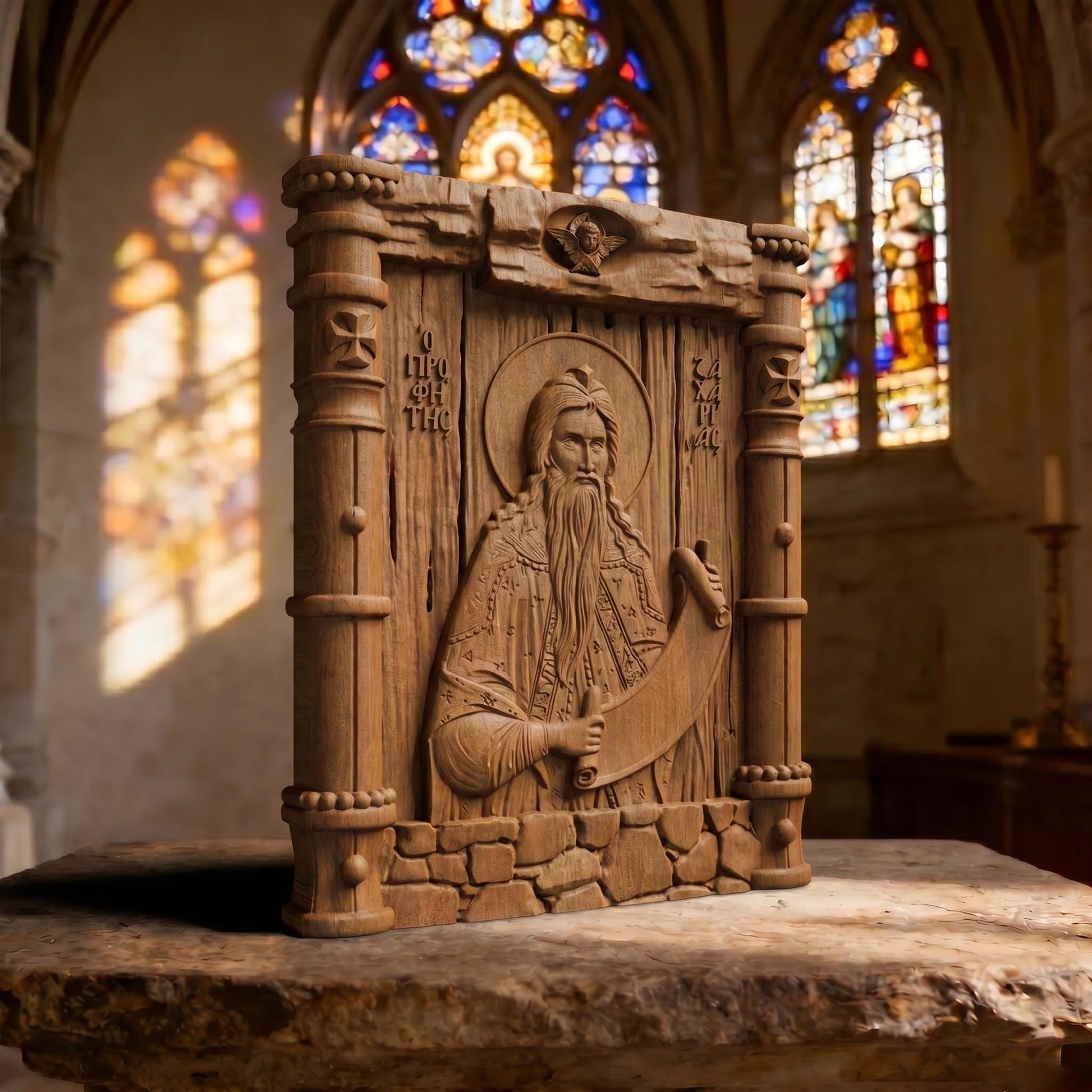 Prophet Zechariah Wooden Carved Handmade Christian Icon Patron Saint of Speech Difficulties Left Side Brown Oak Cretan Holy Carvings