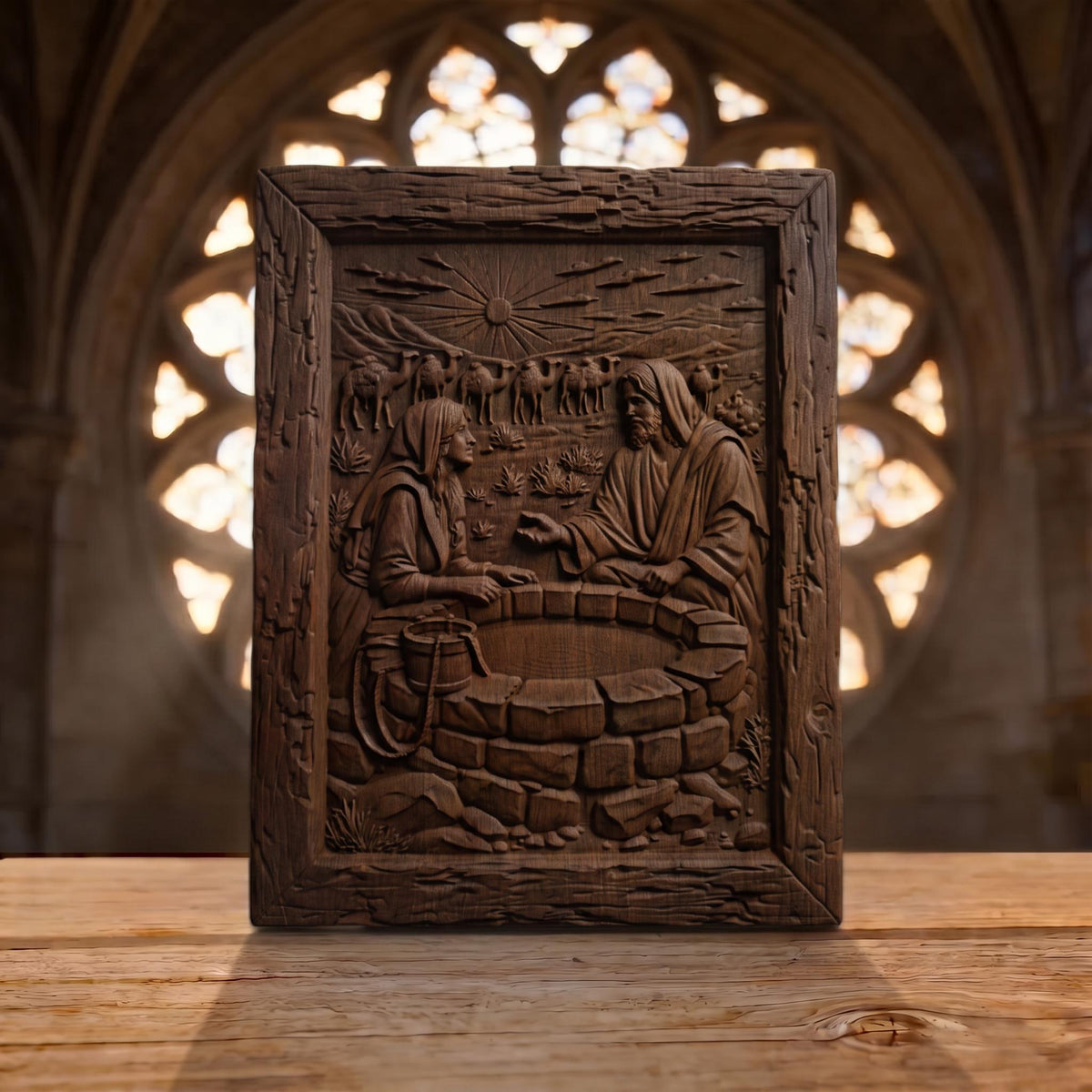 Jesus Talks With a Samaritan Woman at the Well Wooden Carved Handmade Christian Icon  Byzantine Greek Orthodox Home Decor Cretan Holy Carvings