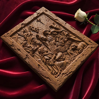 The Birth of Jesus Wooden Carved Handmade Christian Icon  Byzantine Greek Orthodox Home Decor Cretan Holy Carvings