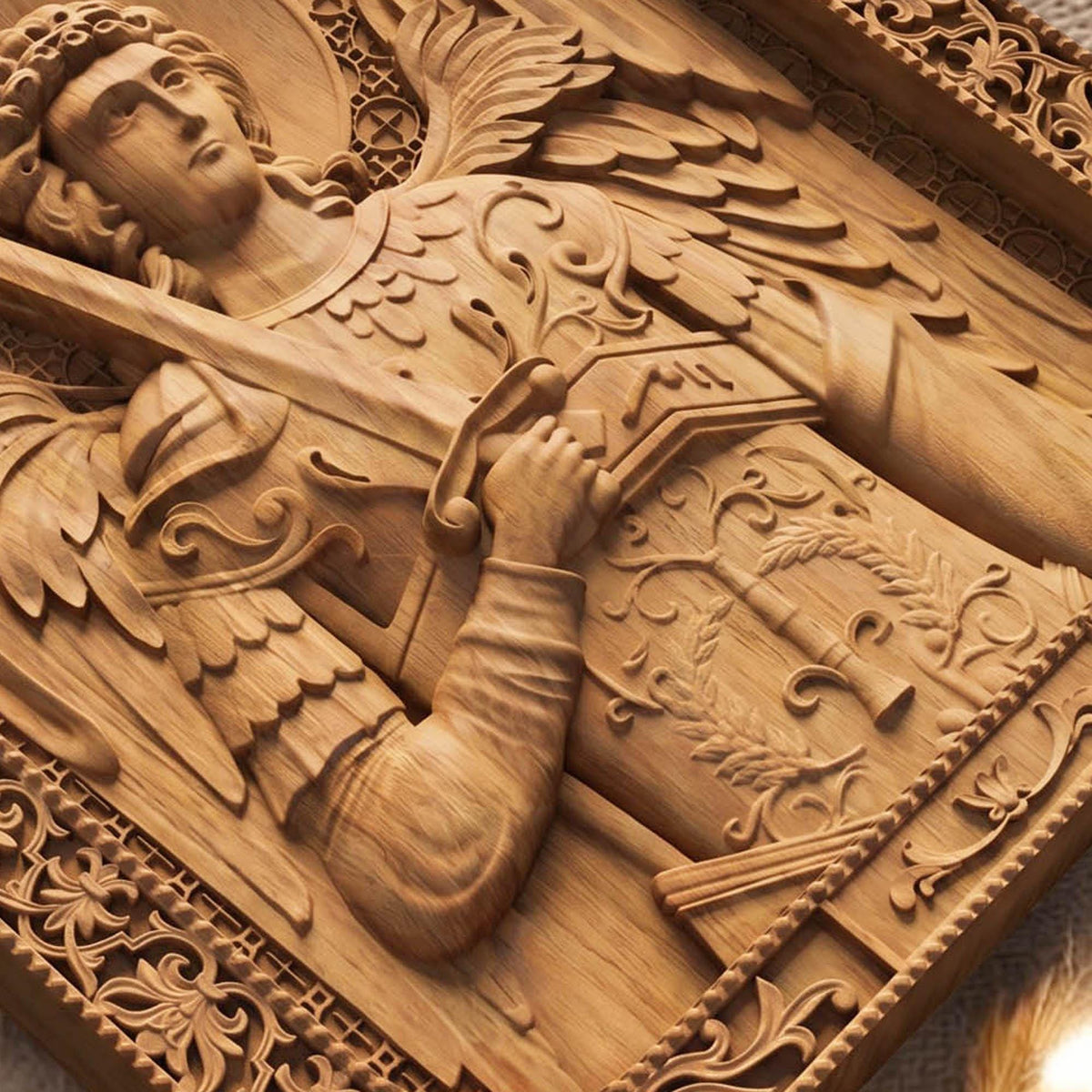 Αrchangel Michael Wooden Carved Handmade Christian Icon Flat Side Natural Wood Color Cretan Holy Carvings