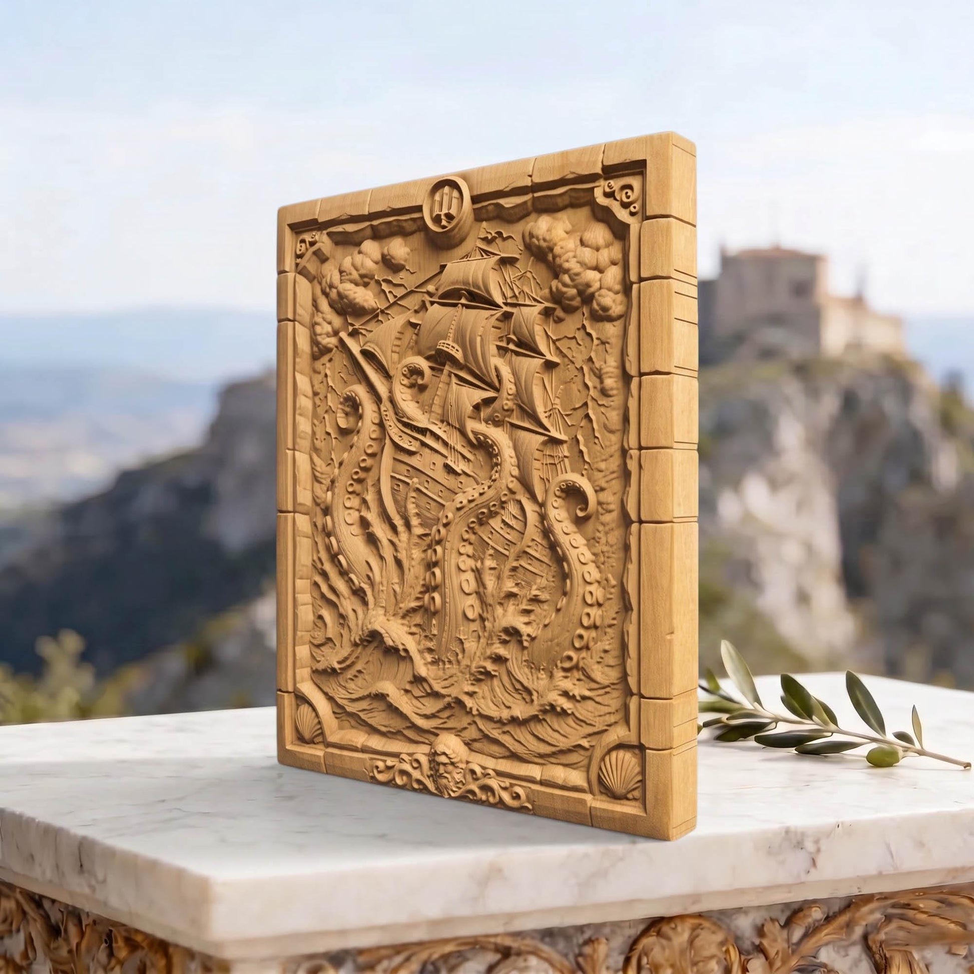 Kraken Drawing a Ship from Ancient Greek Mythology 3D Wooden Bas Relief Panel Art Sculptural Gift Idea Cretan Holy Carvings