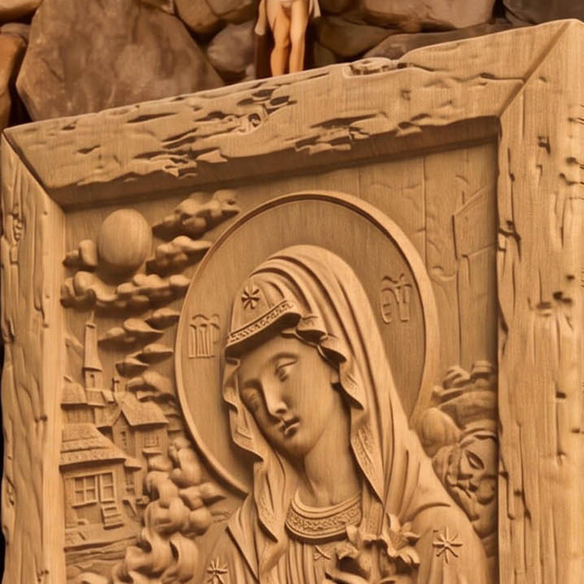 Virgin Mary Protects the Children Wooden Carved Handmade Christian Icon  Byzantine Greek Orthodox Home Decor Cretan Holy Carvings