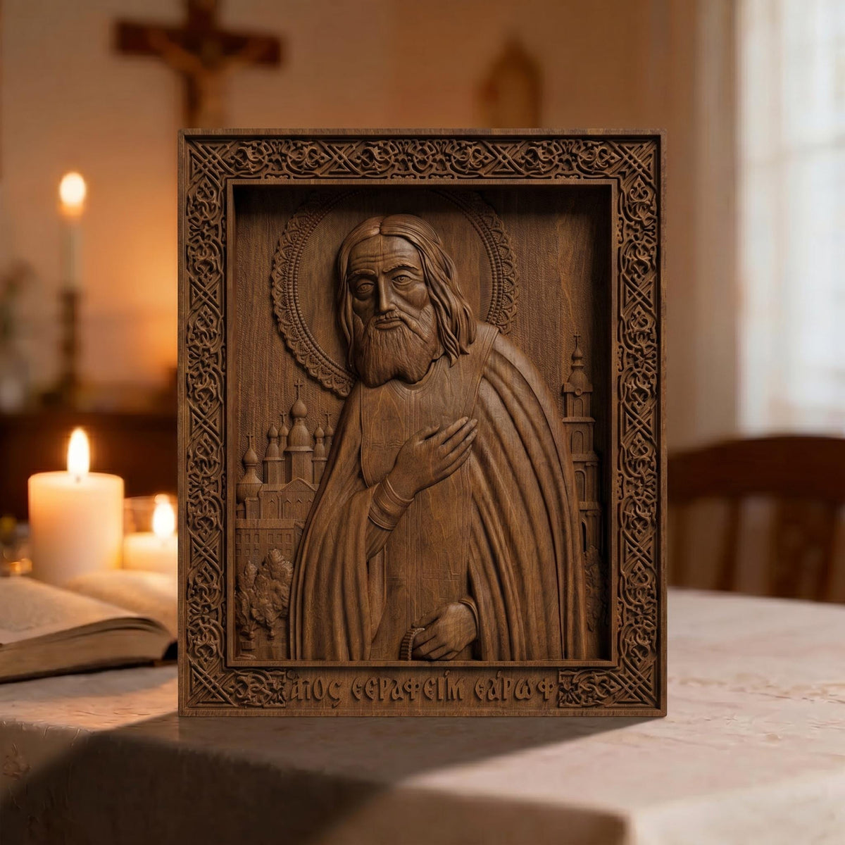 Saint Seraphim of Sarov Wooden Carved Handmade Christian Icon Front Side Brown Oak Cretan Holy Carvings