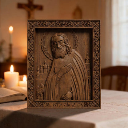 Saint Seraphim of Sarov Wooden Carved Handmade Christian Icon Front Side Brown Oak Cretan Holy Carvings