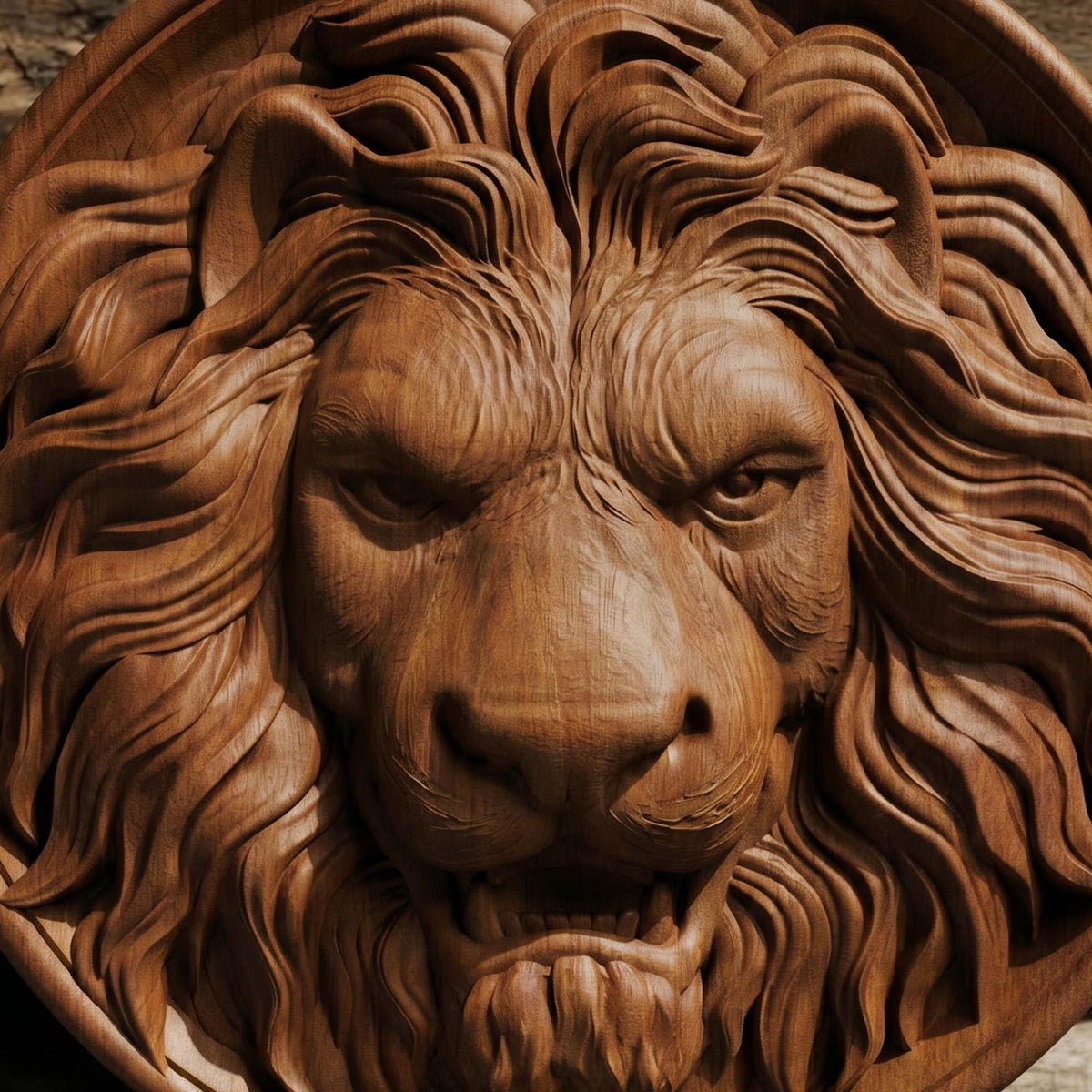 Lion Head in Plate Framed Bas Relief | Wooden Lion Carving | Sculptural Gift Idea
