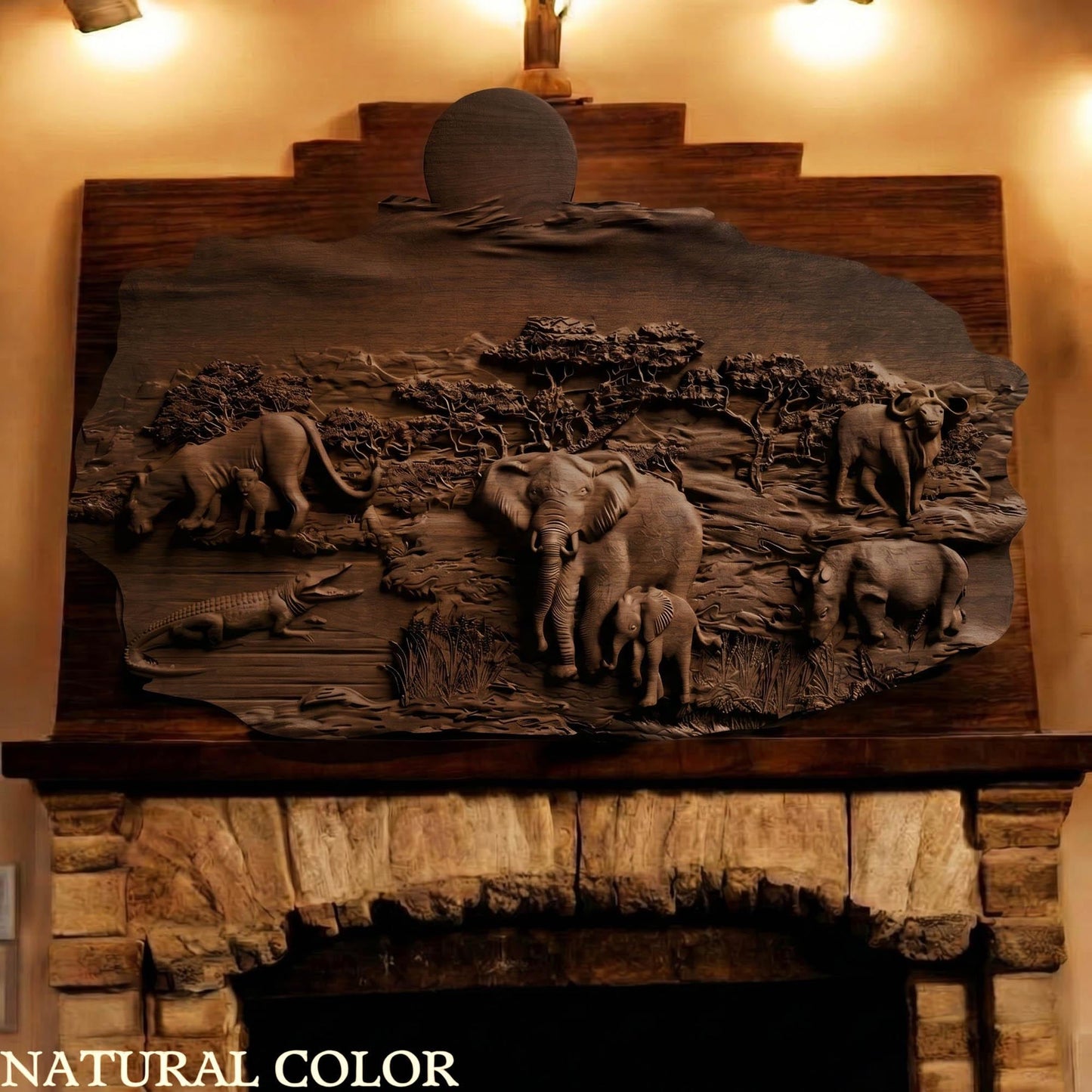 African Nature Scene Wooden Bas Relief | Wood Panel Art | Sculptural Gift Idea
