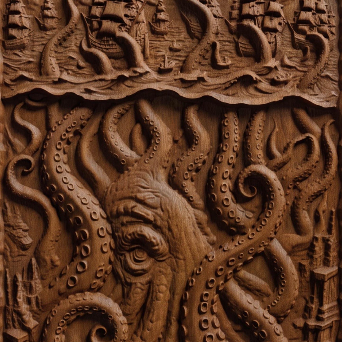 Kraken Atack on the Ships from Ancient Greek Mythology 3D Wooden Bas Relief Panel Art Sculptural Gift Idea Cretan Holy Carvings