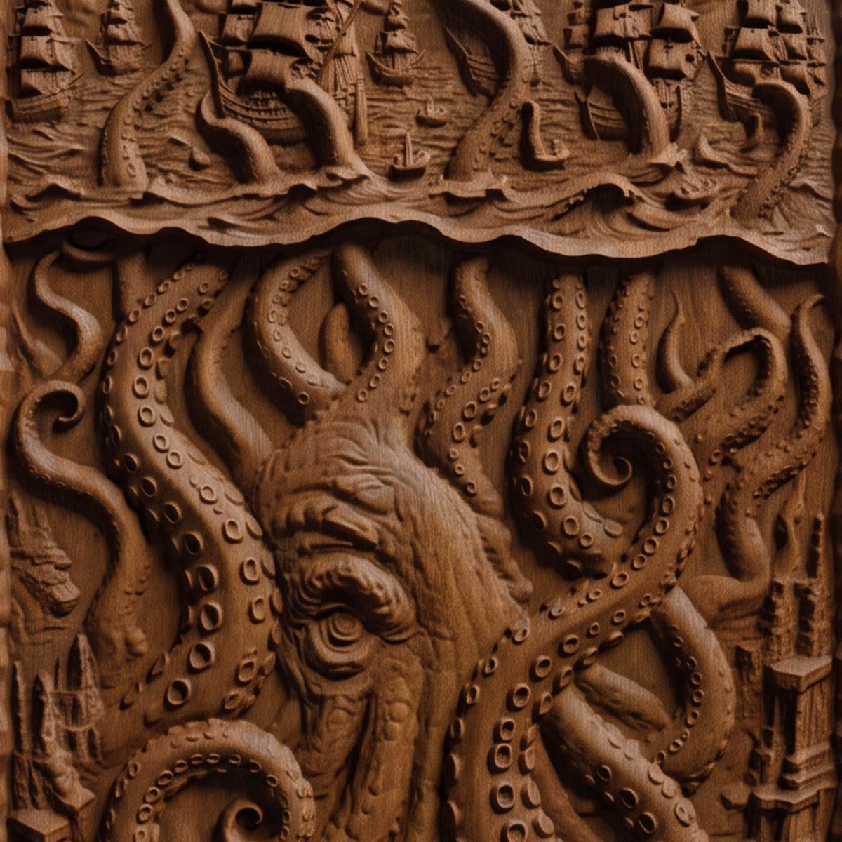 Kraken Atack on the Ships from Ancient Greek Mythology 3D Wooden Bas Relief Panel Art Sculptural Gift Idea Cretan Holy Carvings