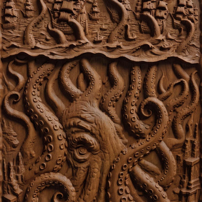 Kraken Atack on the Ships from Ancient Greek Mythology 3D Wooden Bas Relief Panel Art Sculptural Gift Idea Cretan Holy Carvings