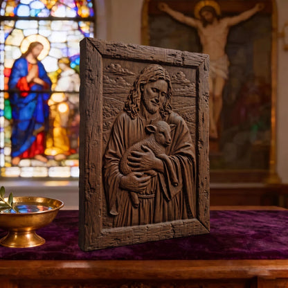Jesus Holding Lamb Wooden Carved Handmade Christian Icon  Byzantine Greek Orthodox Home Decor Cretan Holy Carvings