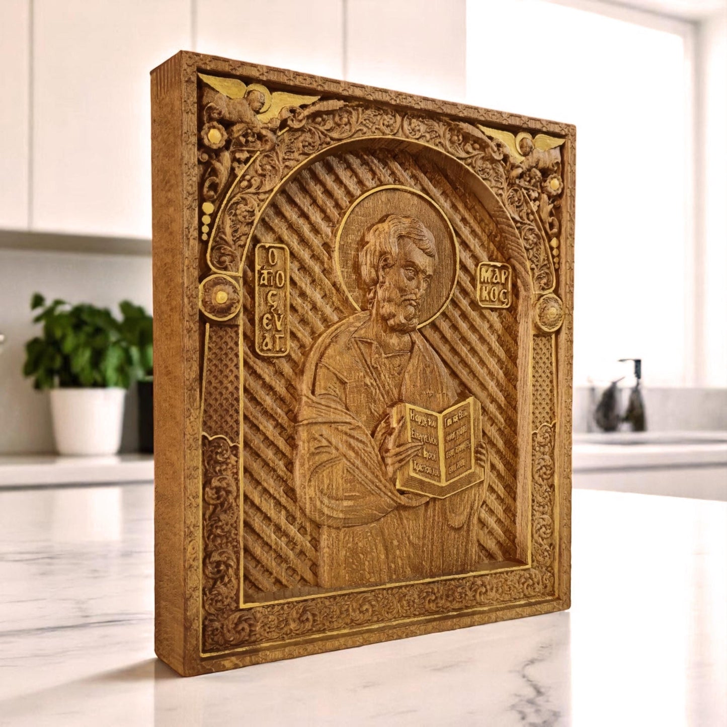 Mark the Evangelist Wooden Carved Handmade Christian Icon. Byzantine Greek Orthodox Home Art Decor.