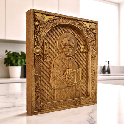 Mark the Evangelist Wooden Carved Handmade Christian Icon. Byzantine Greek Orthodox Home Art Decor.