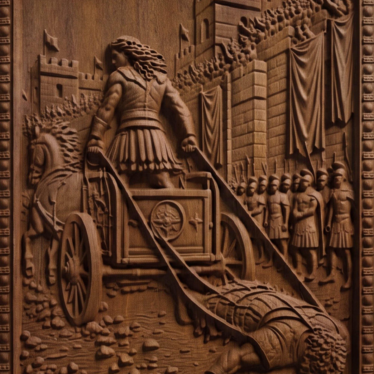 Achilles Dragging Hector of Troy from Ancient Greek Mythology 3D Wooden Bas Relief Panel Art Sculptural Gift Idea Cretan Holy Carvings