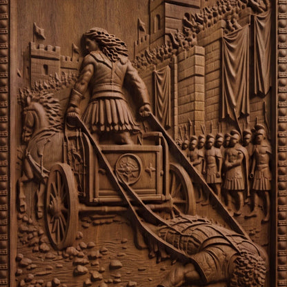 Achilles Dragging Hector of Troy from Ancient Greek Mythology 3D Wooden Bas Relief Panel Art Sculptural Gift Idea Cretan Holy Carvings