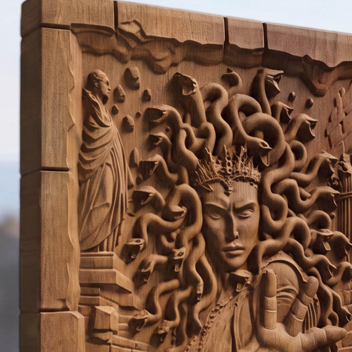 Medusa's Curse from Ancient Greek Mythology 3D Wooden Bas Relief Panel Art Sculptural Gift Idea Cretan Holy Carvings