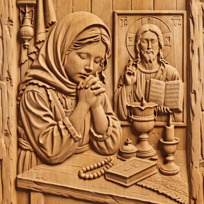 Young Girl Praying Wooden Carved Handmade Christian Icon  Byzantine Greek Orthodox Home Decor Cretan Holy Carvings