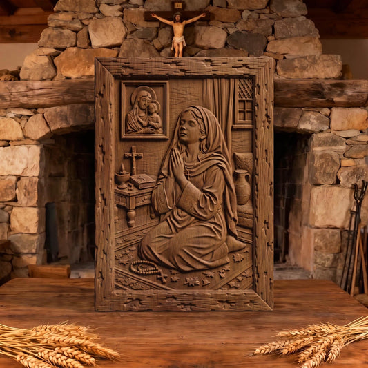 Young Girl Praying to God Wooden Carved Handmade Christian Icon  Byzantine Greek Orthodox Home Decor Cretan Holy Carvings