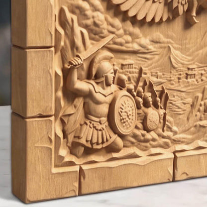 Zeus Riding His Eagle 3D Wooden Bas Relief Panel Art Sculptural Gift Idea Cretan Holy Carvings