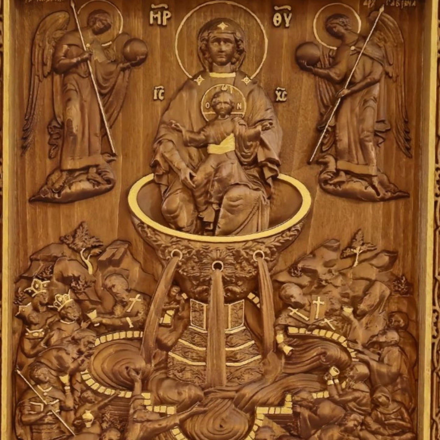 Mother of God Life-giving Spring Wooden Carved Handmade Christian Icon. Byzantine Greek Orthodox Decor.