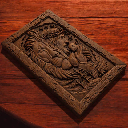 Jesus Christ the Lion Wooden Carved Handmade Christian Icon  Byzantine Greek Orthodox Home Art Decor Cretan Holy Carvings