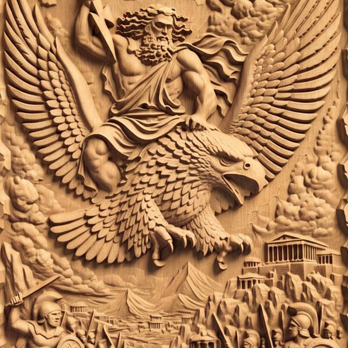 Zeus Riding His Eagle 3D Wooden Bas Relief Panel Art Sculptural Gift Idea Cretan Holy Carvings
