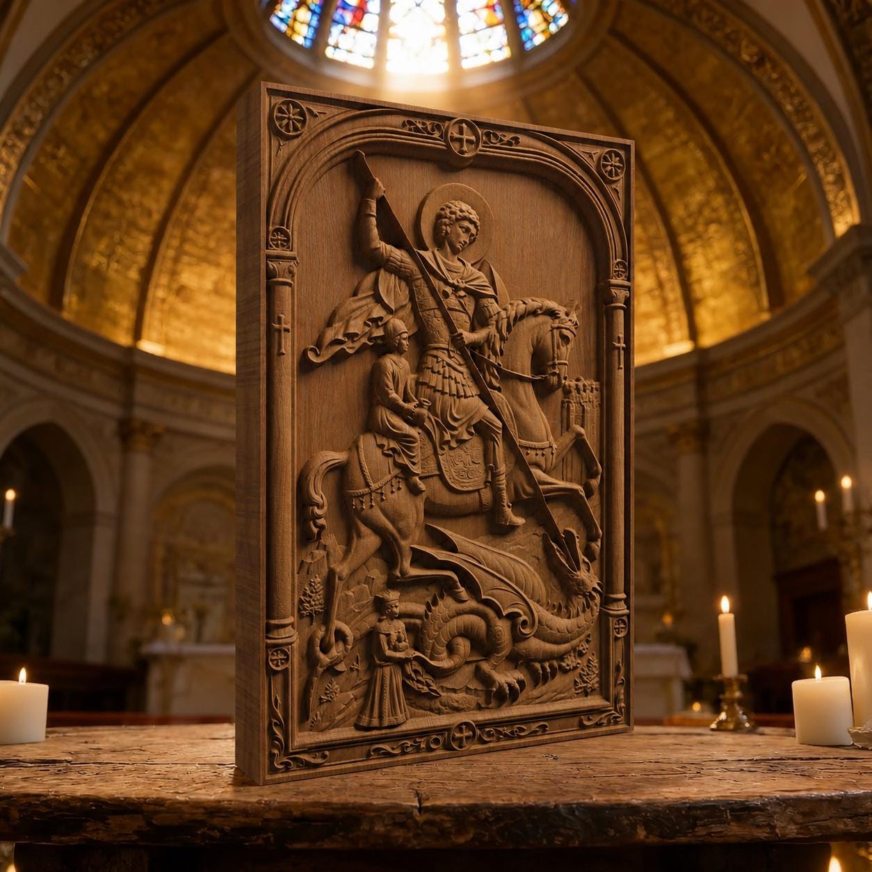 Saint George Kills the Dragon Wooden Carved Handmade Christian Icon Patron Saint of Military Brown Oak Cretan Holy Carvings